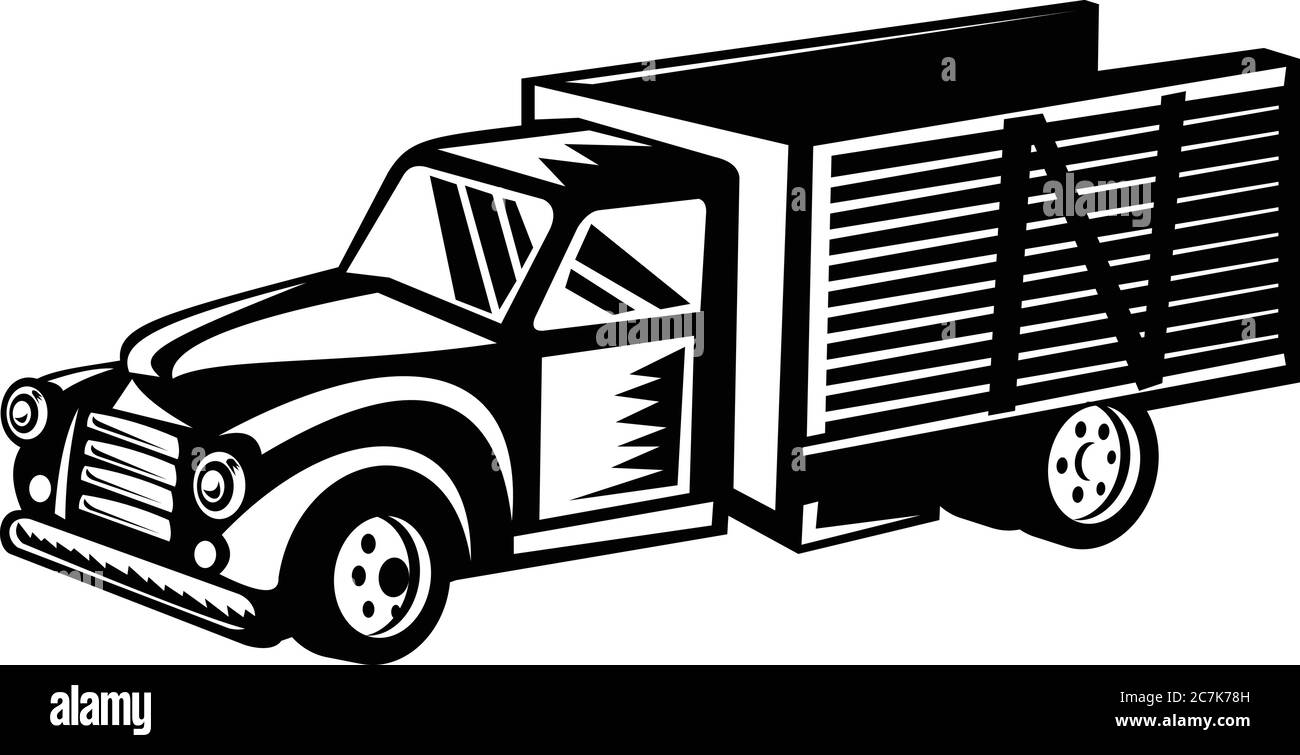 Illustration rétro en noir et blanc avec boiseries d'un pick-up américain classique d'époque avec longerons en bois, vue latérale sur le modèle iso Illustration de Vecteur