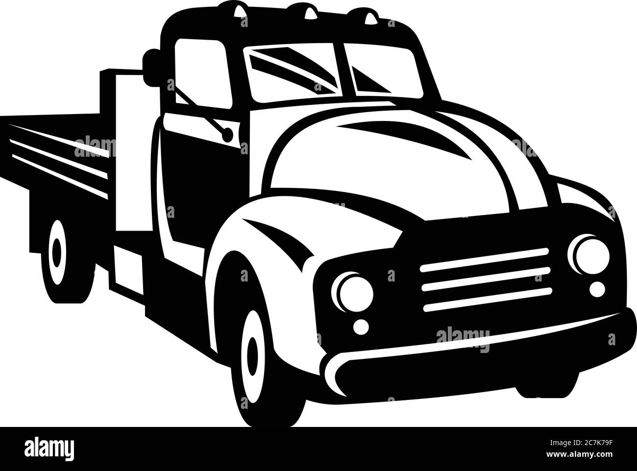 Illustration rétro en noir et blanc avec boiseries d'un pick-up américain classique d'époque avec longerons en bois, vue de l'avant sur le si à angle élevé Illustration de Vecteur