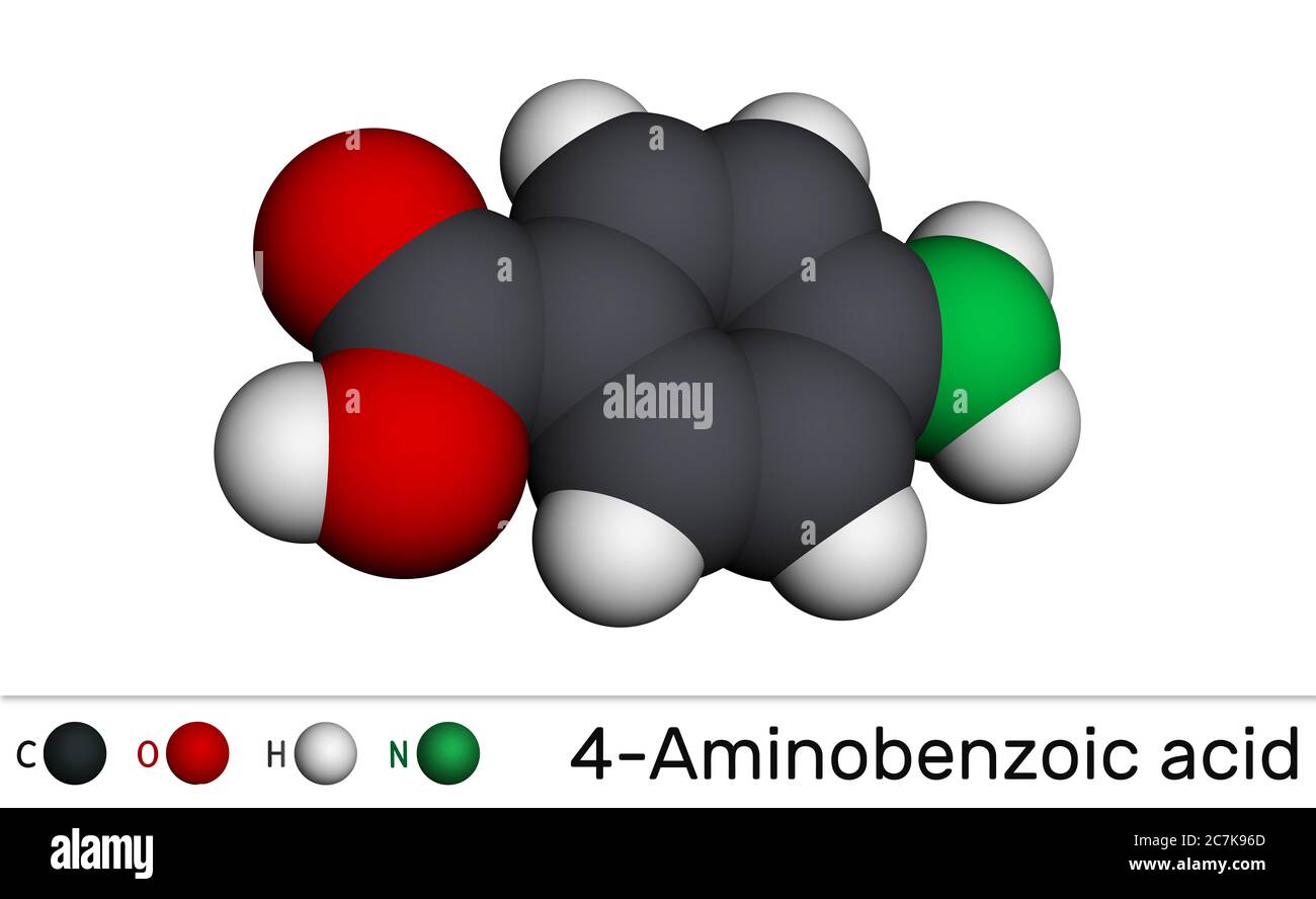 Acide 4-aminobenzoïque, acide p-aminobenzoïque, molécule de PABA. Il est essentiel d'éléments nutritifs pour certaines bactéries et membre du complexe de vitamine B. Modèle moléculaire. Banque D'Images