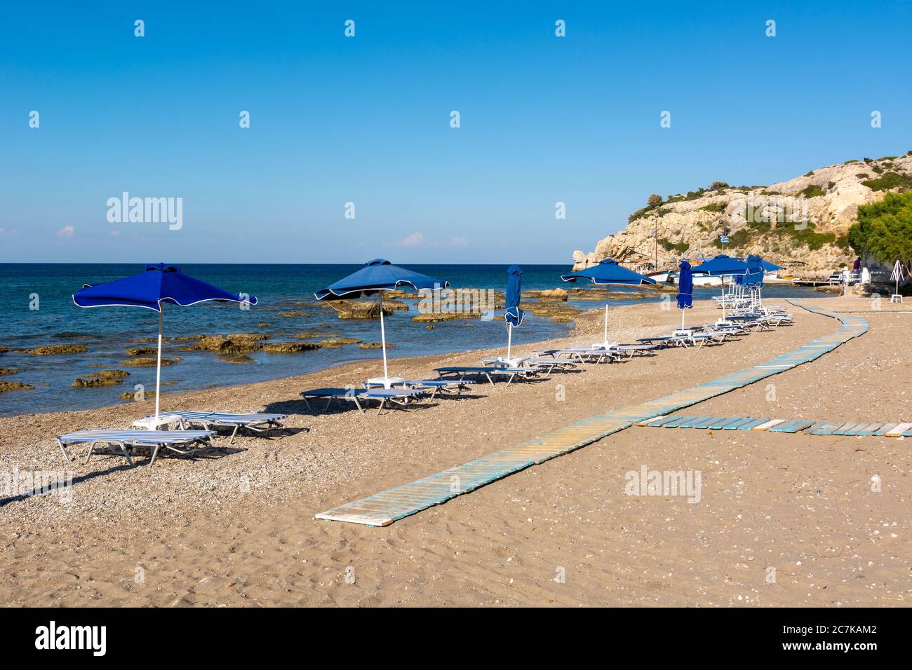 Rhodes, Grèce - 13 mai 2018 : plage de sable à Kolymbia sur Rhodes islan. Grèce Banque D'Images
