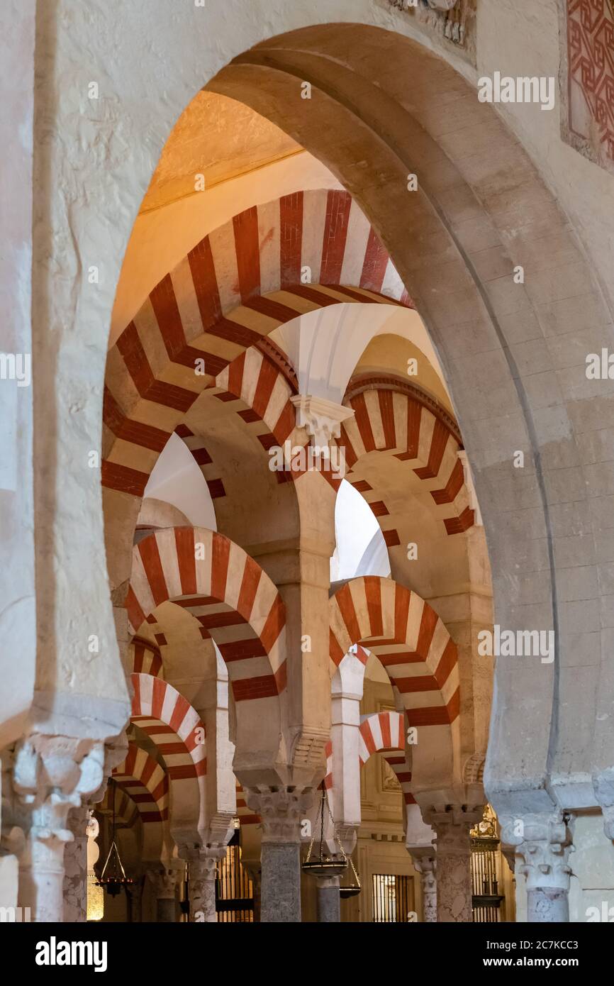 Les colonnes et les arches à deux niveaux dans la section originale de la mosquée-cathédrale de Cordoue Banque D'Images