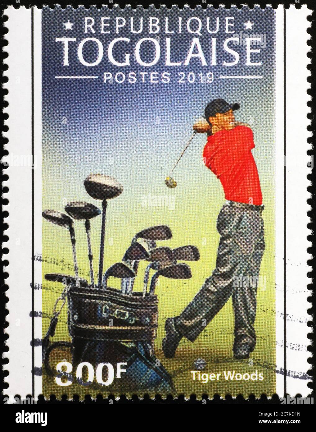 Tiger Woods en action sur timbre-poste du Togo Banque D'Images