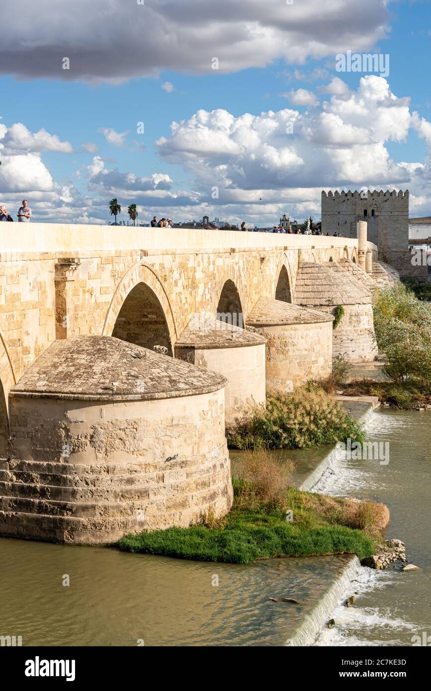 Le Puente Romano de Cordoue, long de 331 mètres, date de l'époque romaine et a été entièrement rénové à l'époque mauresque et au Moyen-âge Banque D'Images