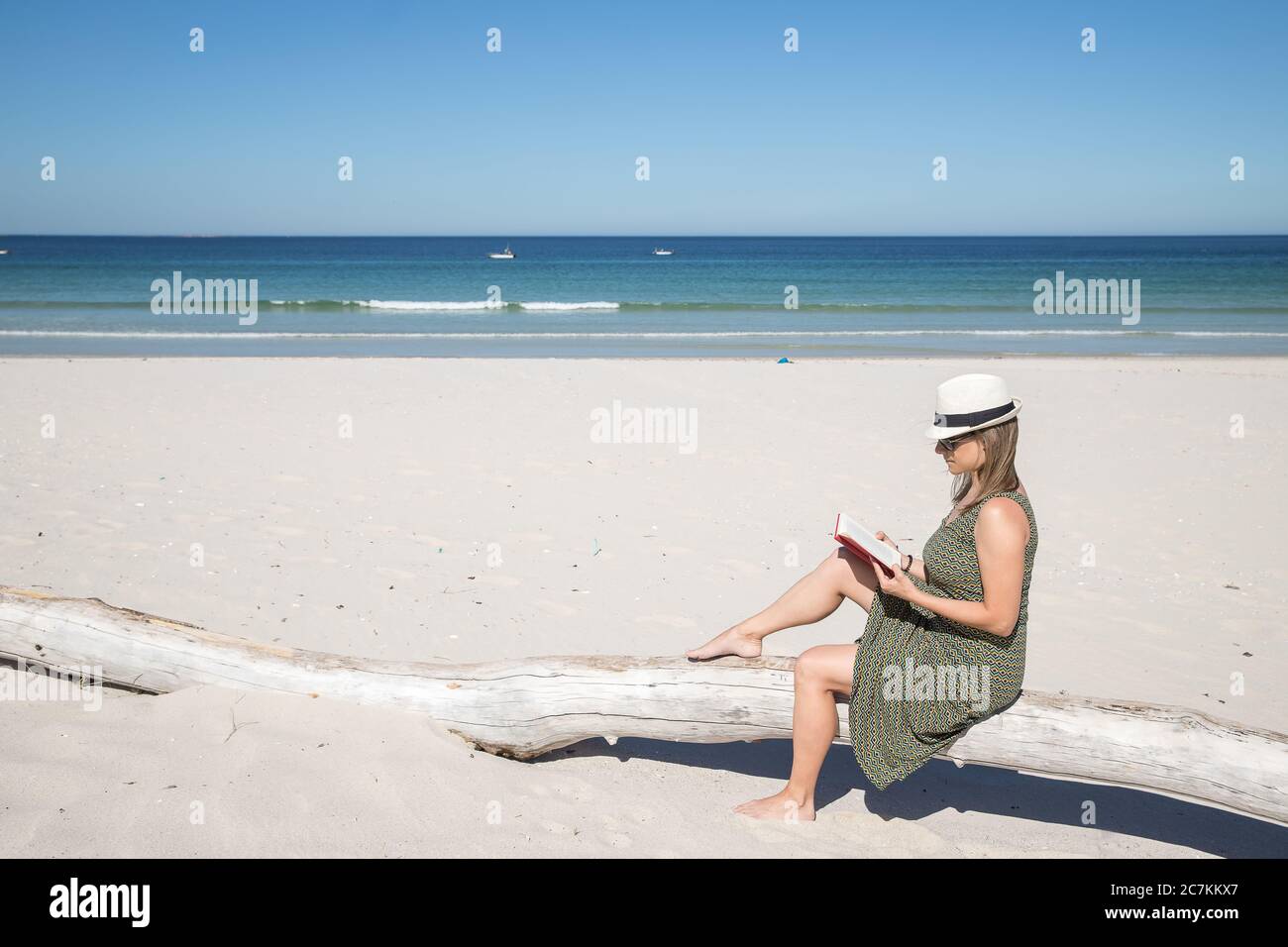 Femme blonde d'âge moyen assise sur un tronc d'arbre n la plage lisant un livre avec la mer sur le fond Banque D'Images