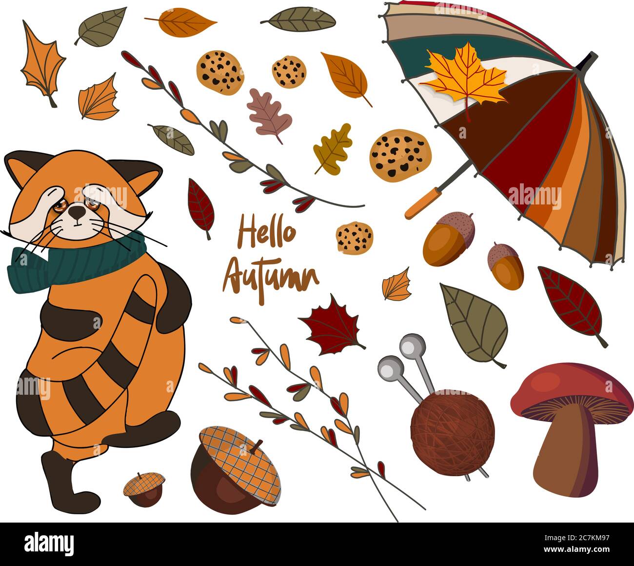 Ensemble vectoriel d'icônes d'automne : panda rouge, feuilles en chute, nourriture confortable, noix, champignons et citrouille. Collection de scrapbook d'éléments de saison d'automne. Lumineux Illustration de Vecteur