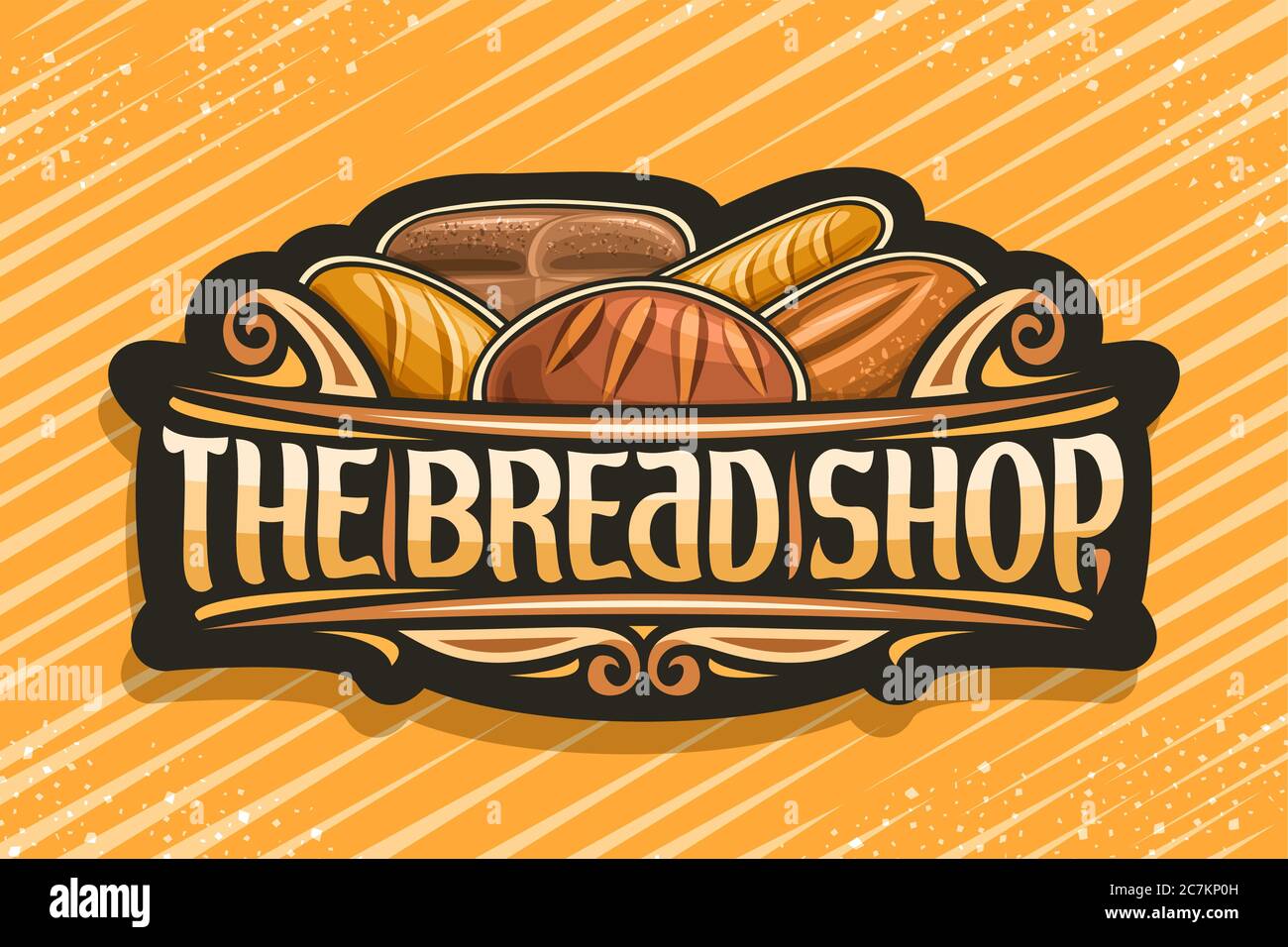 Logo Vector pour Bread Shop, étiquette foncée avec illustration de la pile de pains variés, boucles décoratives, bannière avec des lettres brossettes uniques pour Illustration de Vecteur