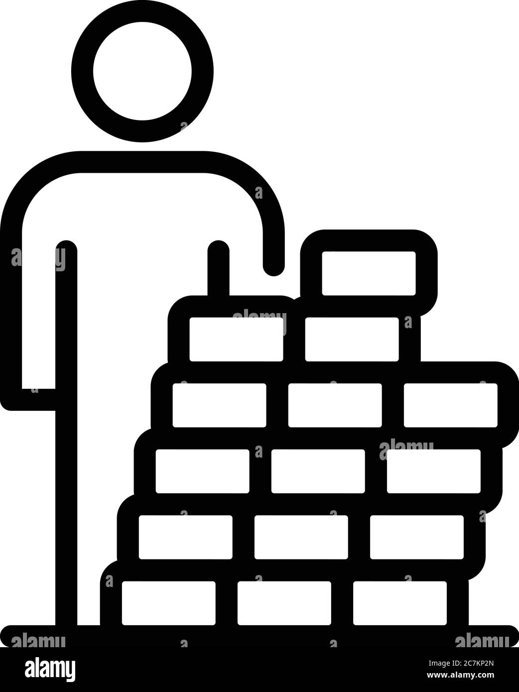 Icône immigré derrière un mur de briques, style de contour Illustration de Vecteur