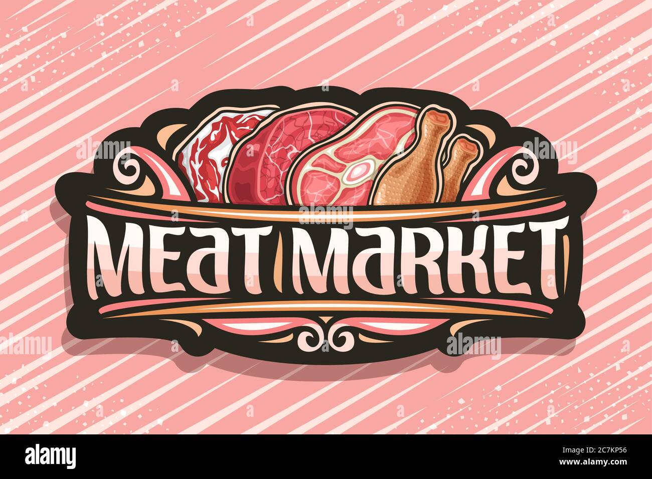 Logo Vector pour le marché de la viande, badge décoratif foncé avec illustration de différentes pièces de viande, signalisation avec des fleurissent vintage et une lettre unique au pinceau Illustration de Vecteur