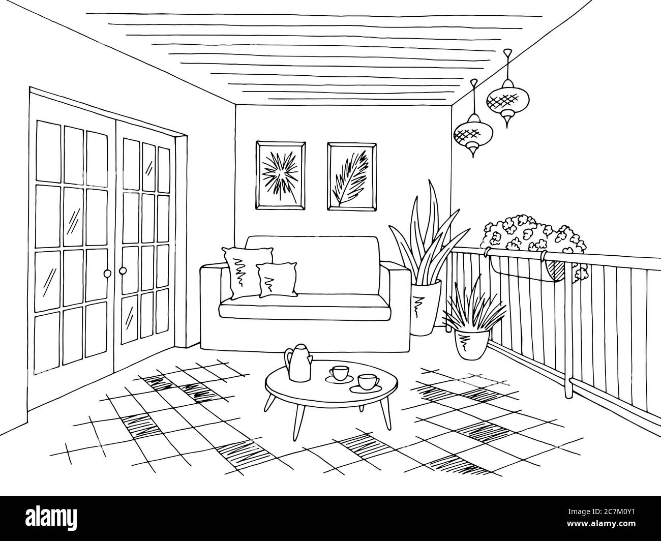 Dessin d'intérieur graphique de balcon noir blanc, illustration vectorielle Illustration de Vecteur
