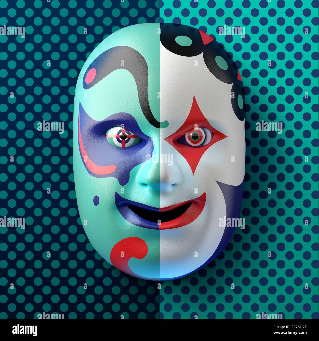 Masque de théâtre asiatique avec ornements colorés sur fond bleu-turquoise en pointillés Banque D'Images