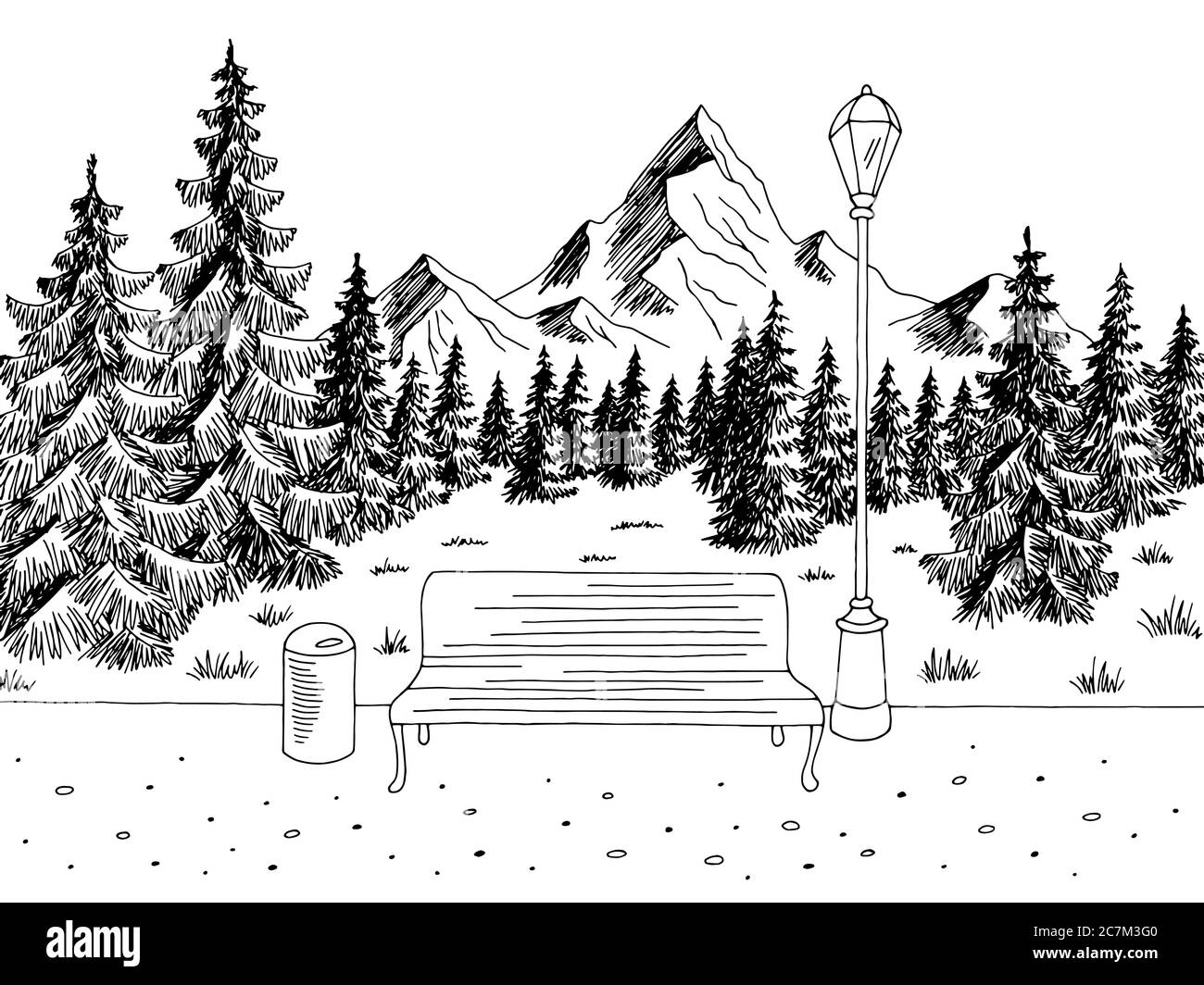 Parc graphique noir blanc paysage de montagne esquisse vecteur d'illustration Illustration de Vecteur
