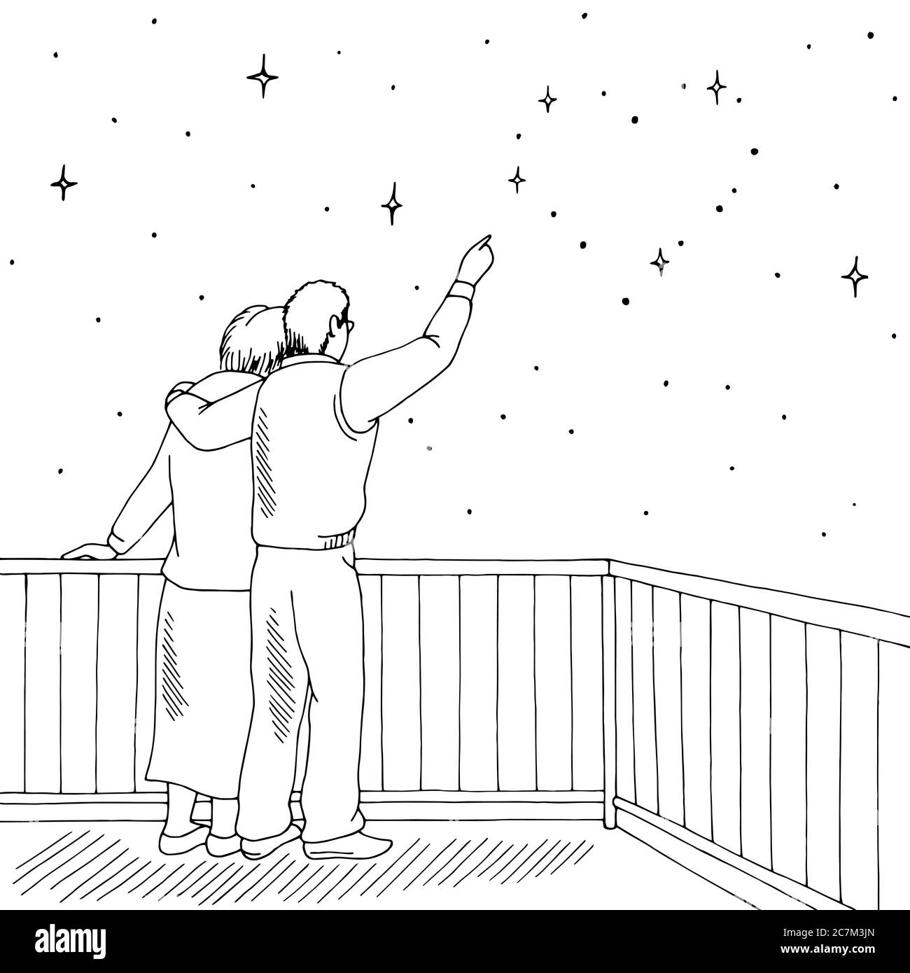 Les personnes âgées restent à la maison en regardant les étoiles en forme de coeur du balcon graphique noir blanc esquisse illustration vecteur Illustration de Vecteur