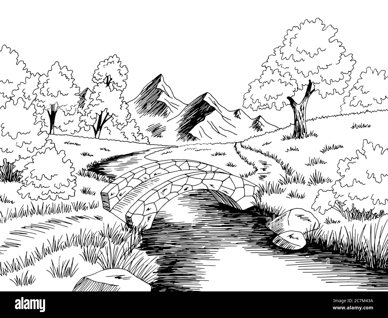 Pont graphique rivière noir blanc paysage dessin vecteur d'illustration Illustration de Vecteur