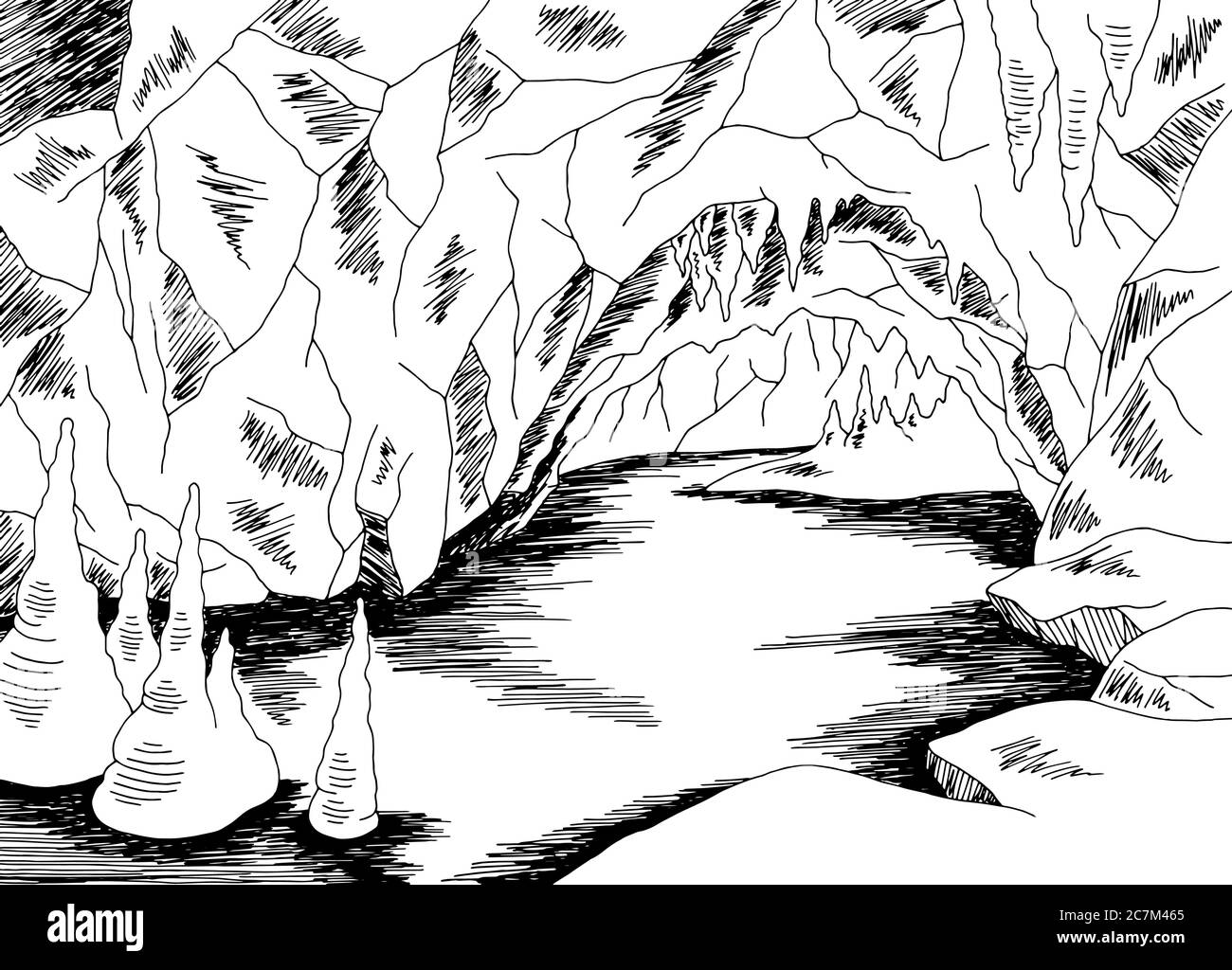 Grotte lac graphique noir blanc esquisse illustration vecteur Illustration de Vecteur