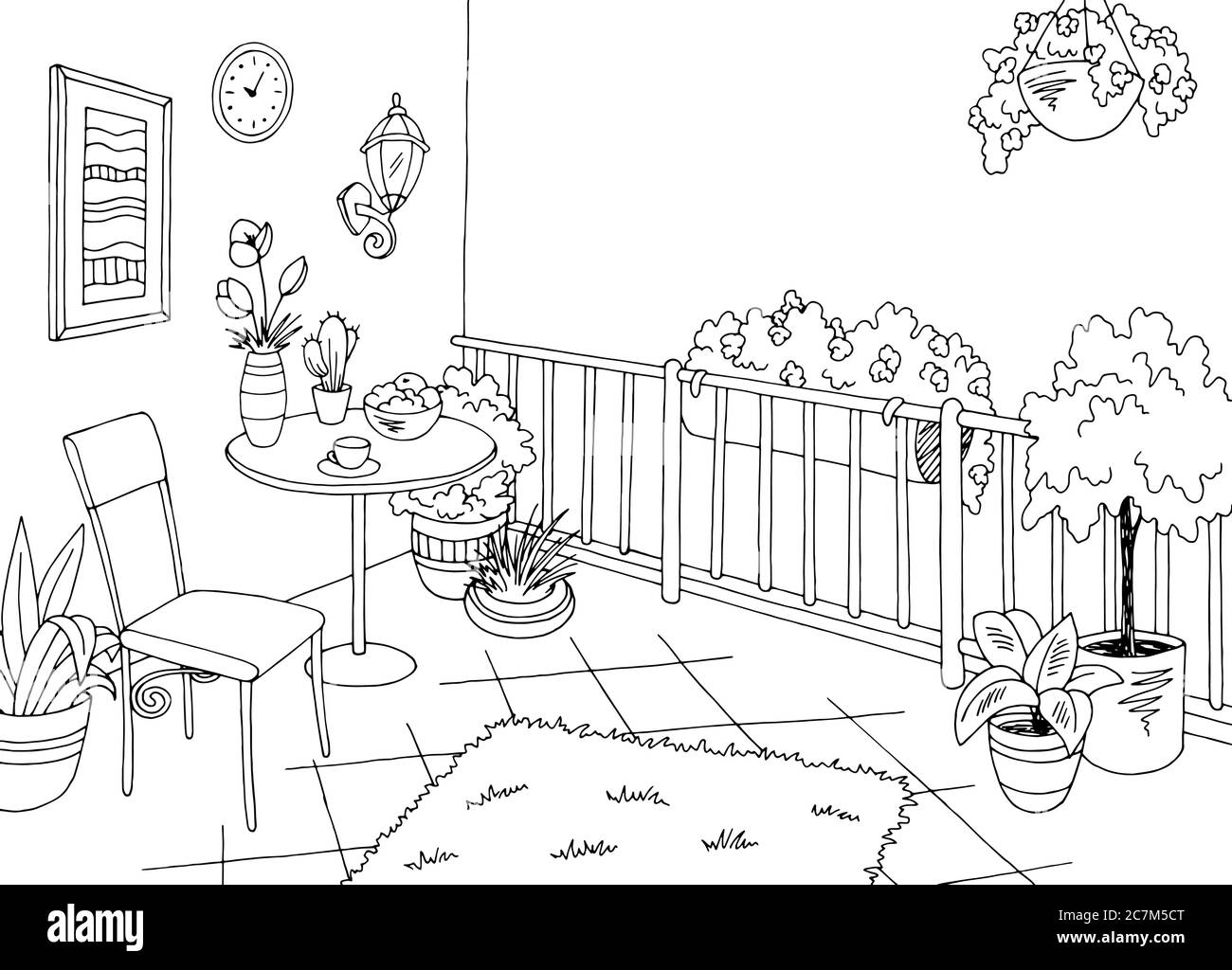 Balcon jardin graphique noir blanc intérieur esquisse illustration vecteur Illustration de Vecteur