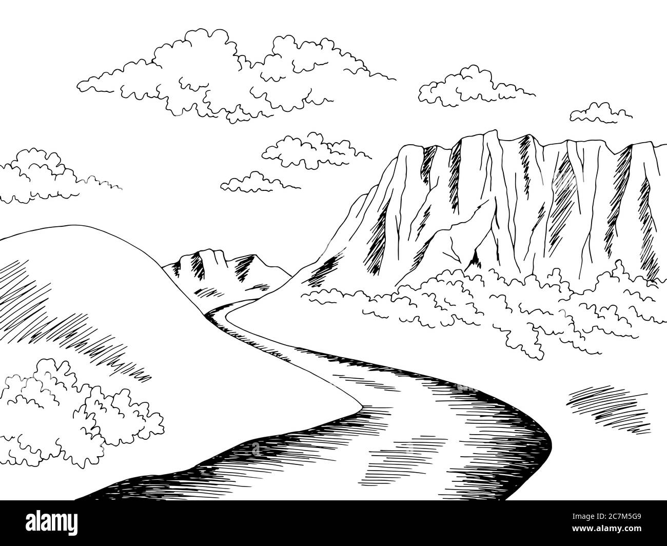 Plateau tableland montagne rivière graphique noir blanc paysage esquisse illustration vecteur Illustration de Vecteur
