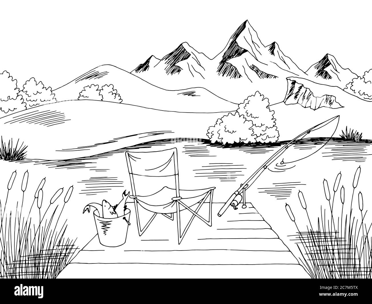 Dessin En Noir Et Blanc Paysage Graphique de pêche noir blanc paysage dessin illustration vecteur Image  Vectorielle Stock - Alamy