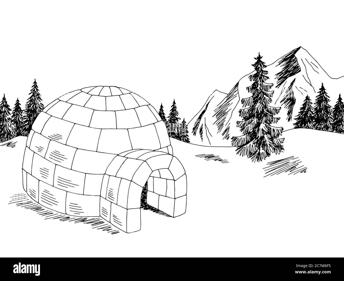 Igloo hiver montagne paysage graphique noir blanc esquisse illustration vecteur Illustration de Vecteur
