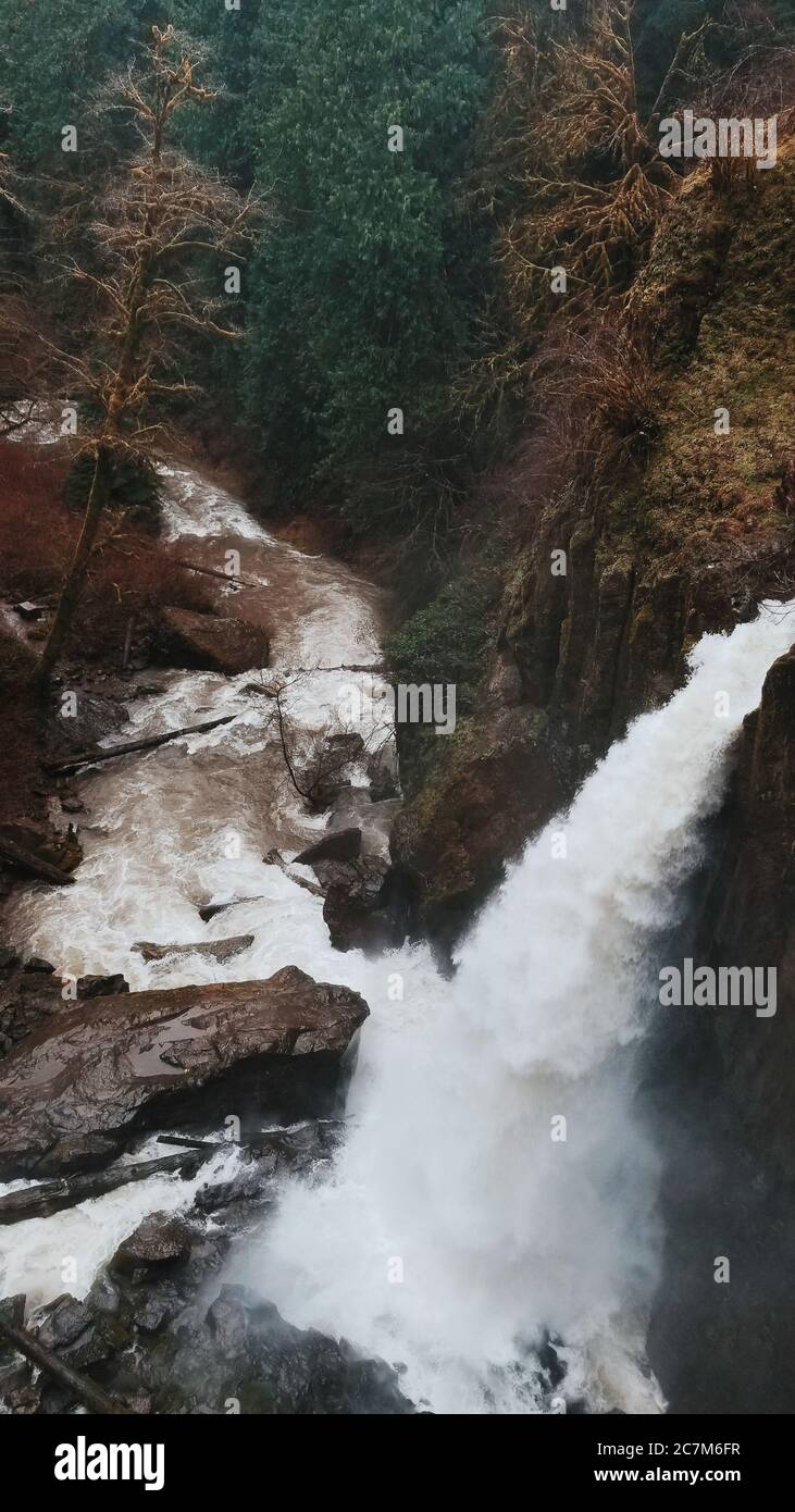 Plan vertical à angle élevé d'une cascade avec un étroit rivière au milieu d'une forêt Banque D'Images