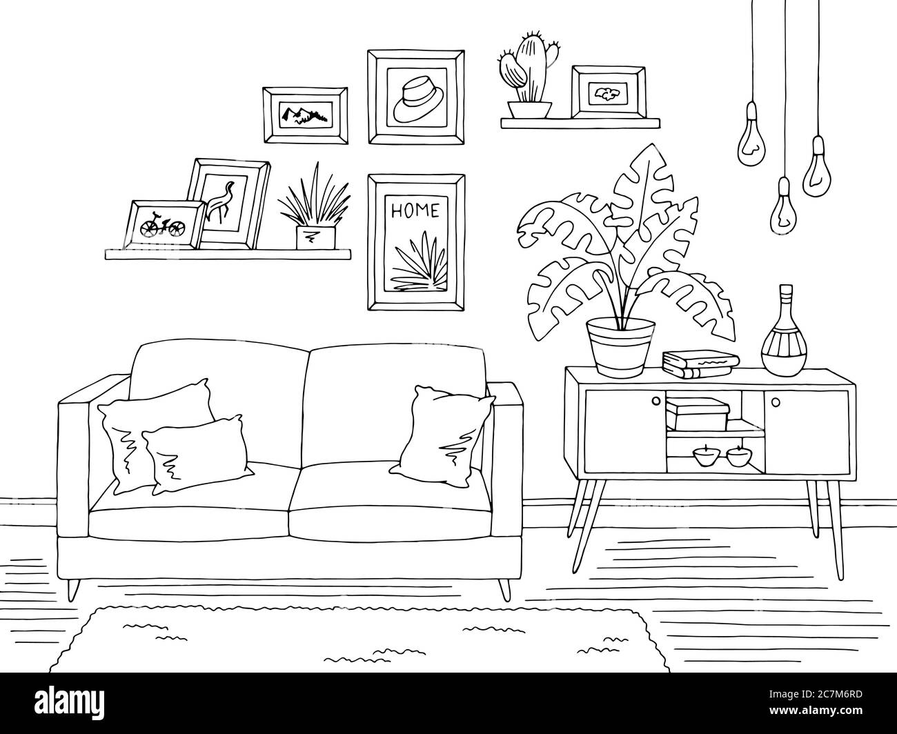 Salon graphique noir blanc intérieur dessin illustration vecteur Illustration de Vecteur