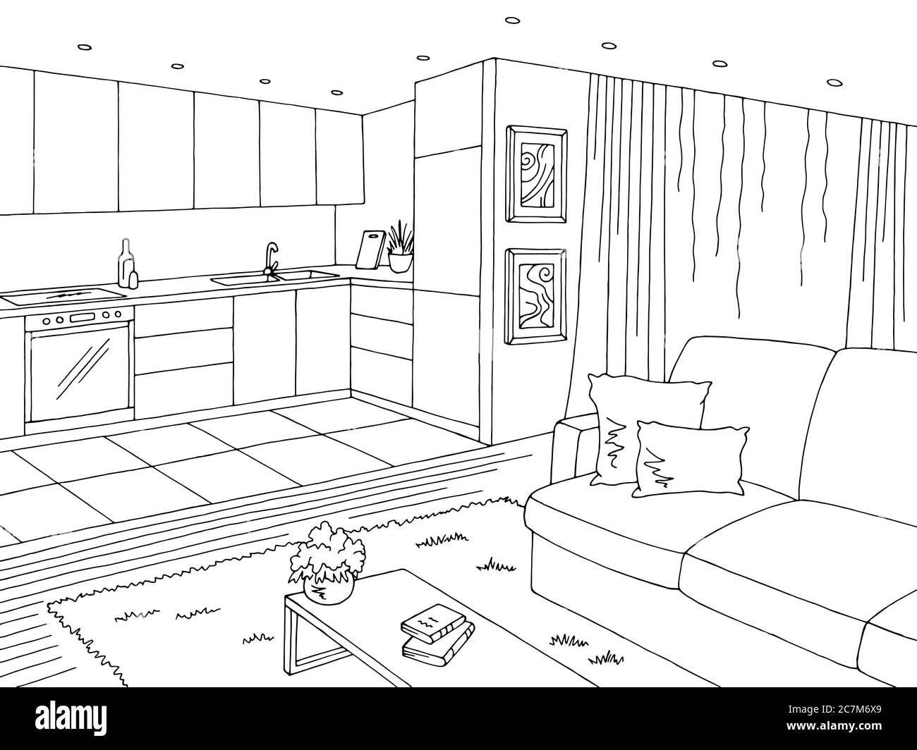 Salon graphique noir blanc intérieur dessin illustration vecteur Illustration de Vecteur