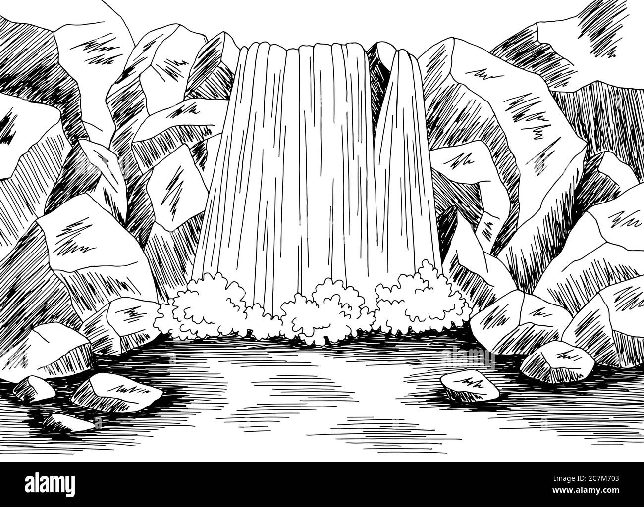 Cascade graphique noir blanc rivière paysage dessin illustration vecteur Illustration de Vecteur