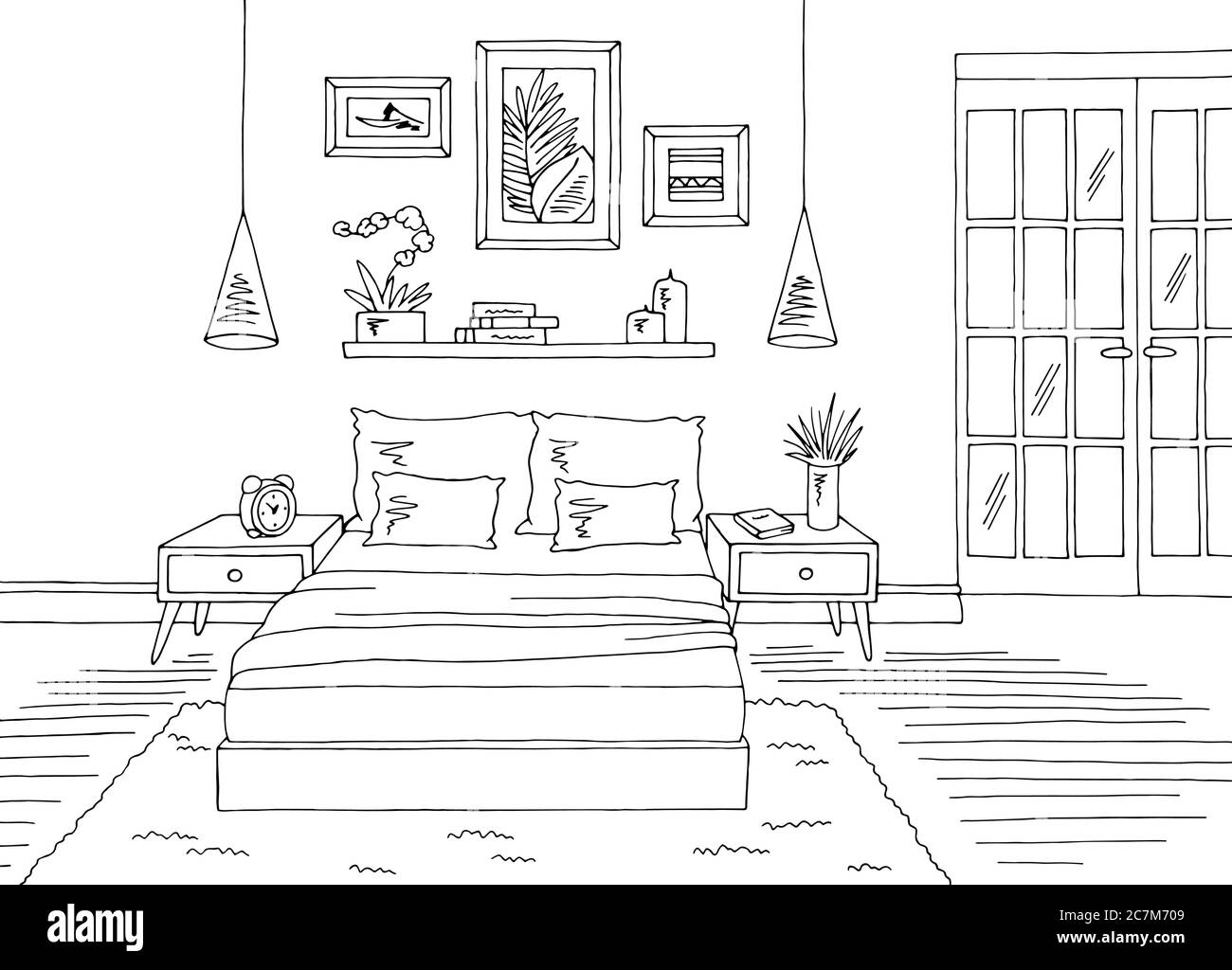 Chambre graphique noir blanc intérieur dessin illustration vecteur Illustration de Vecteur