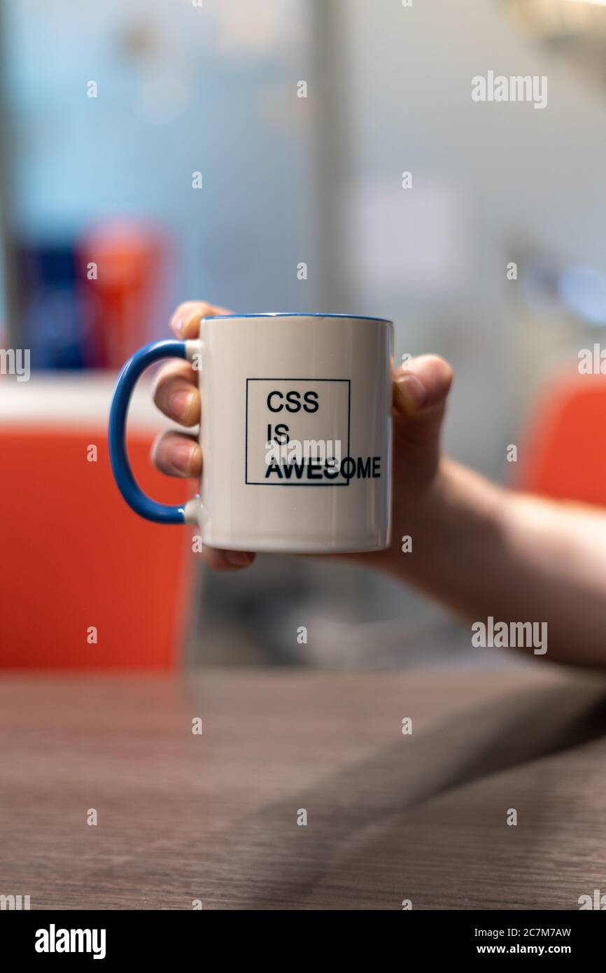 Photo verticale d'une personne tenant une tasse avec un Texte imprimé de « CSS IS AWESOME » Banque D'Images