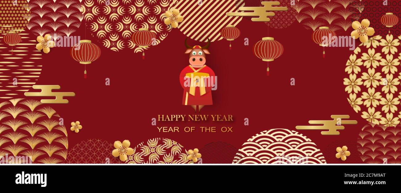Nouvel an chinois 2021 année du taureau. Bull, fleurs et éléments asiatiques .Vector Illustration de Vecteur
