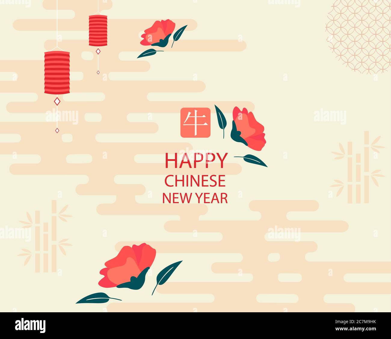 Bannière horizontale avec 2021 éléments chinois du nouvel an. Vecteur. Lanternes chinoises aux motifs dans un style moderne, ornements géométriques décoratifs. Illustration de Vecteur