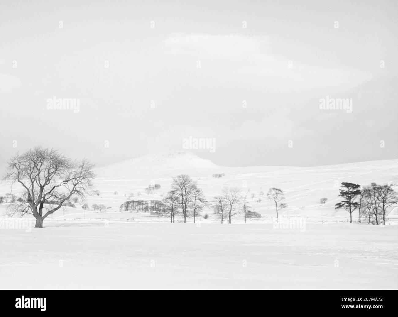 C'est la montagne de Pen y-Ghent, à la tête de la vallée de Ribblesdale et du village de Horton à Ribblesdale, un des célèbres Yorkshire Dales trois sommets de Penyghent, Ingleborough et Whernside pendant l'hiver 1980 Banque D'Images