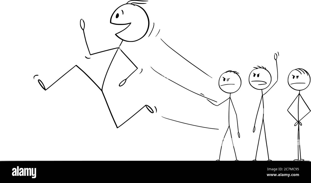Dessin vectoriel de dessin de dessin de dessin de dessin de dessin conceptuel d'un travailleur, homme ou homme d'affaires souriant s'éloignant de la foule en colère, de la foule, de la foule, des collègues ou des gestionnaires de travail. Quitter le travail, concept d'emploi. Illustration de Vecteur