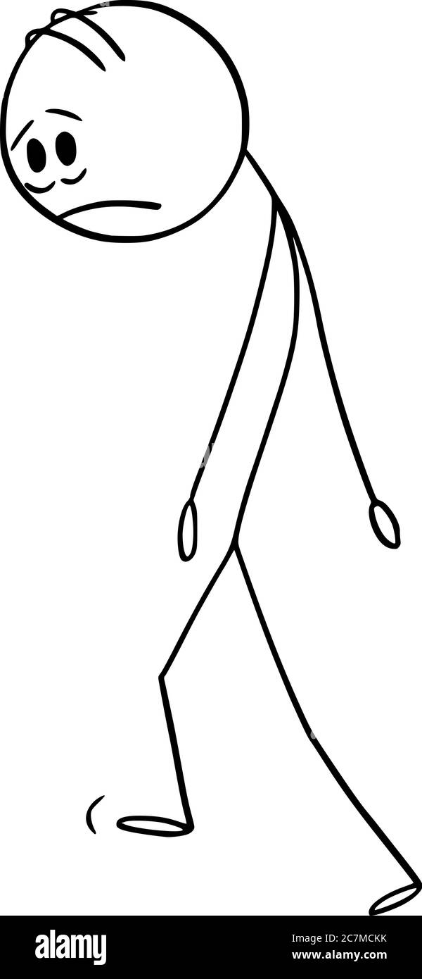 Dessin vectoriel de dessin de dessin de dessin de figure conceptuel de triste, pneu, stressé ou déprimé homme ou homme d'affaires marchant. Illustration de Vecteur