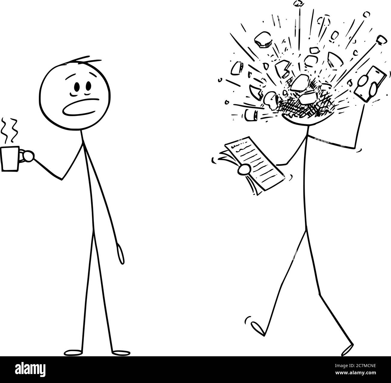 Dessin vectoriel de dessin de dessin de dessin de dessin conceptuel de l'homme, employé de bureau ou homme d'affaires Manager au travail. Sa tête a explosé du stress ou du travail excessif. Illustration de Vecteur