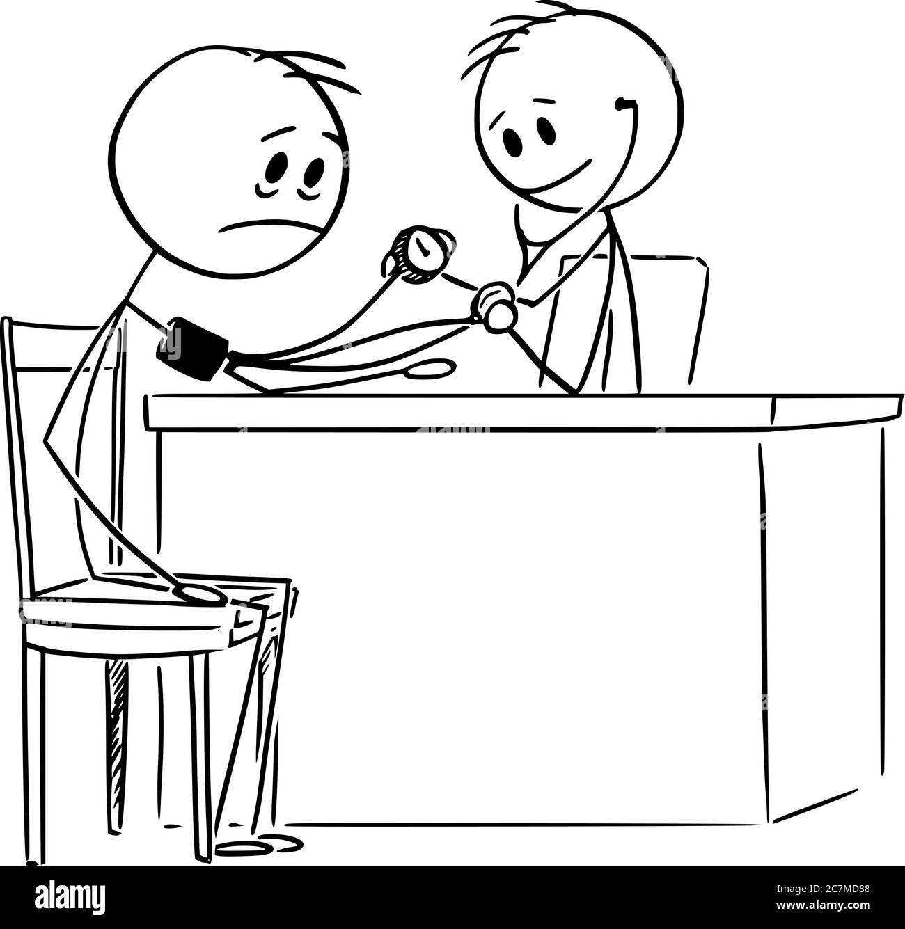 Vecteur dessin dessin dessin dessin dessin dessin dessin conceptuel de l'homme malade avec la mauvaise santé et médecin mesurant sa tension artérielle. Illustration de Vecteur