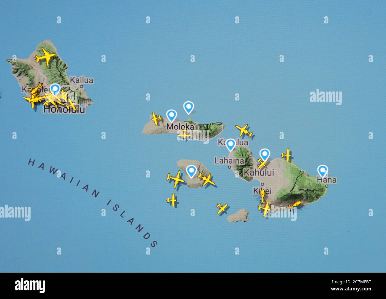 Trafic aérien sur les îles hawaïennes (17 juillet 2020, UTC 19.31) sur Internet avec le site Flightracar 24, pendant la pandémie du coronavirus Banque D'Images