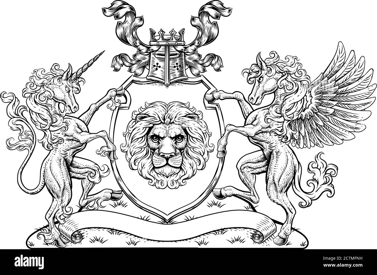Armoiries Pegasus Unicorn Crest Lion Shield Illustration de Vecteur