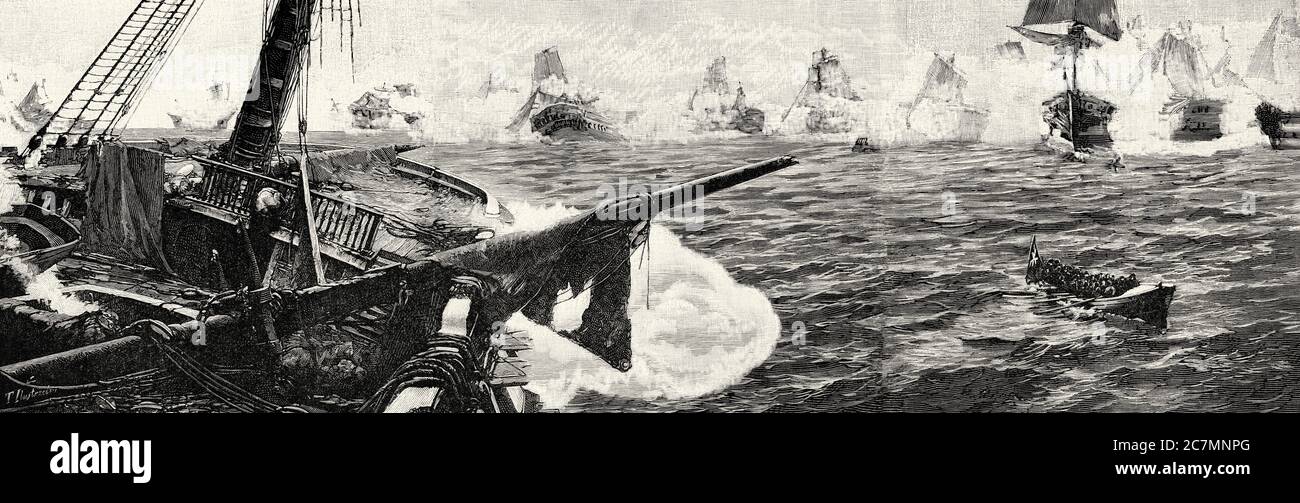 Bataille de Trafalgar, peinture de Justo Ruiz Luna. De la Ilustracion Española y Americana 1895 Banque D'Images