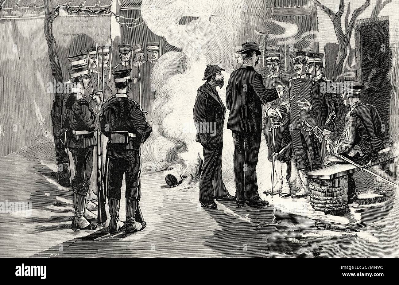 Première guerre sino-japonaise. Prisonniers européens des Japonais au siège de Port Arthur. De la Ilustracion Española y Americana 1895 Banque D'Images