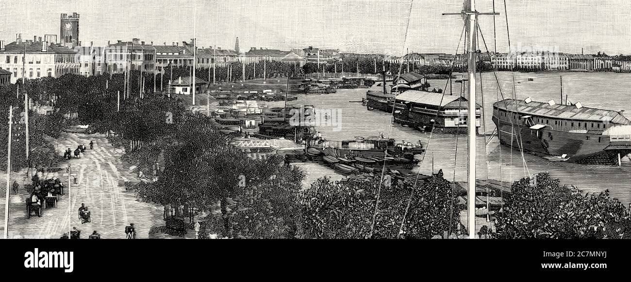 Vue d'ensemble panoramique du port et de la ville de Shanghai au XIXe siècle, Chine. De la Ilustracion Española y Americana 1895 Banque D'Images