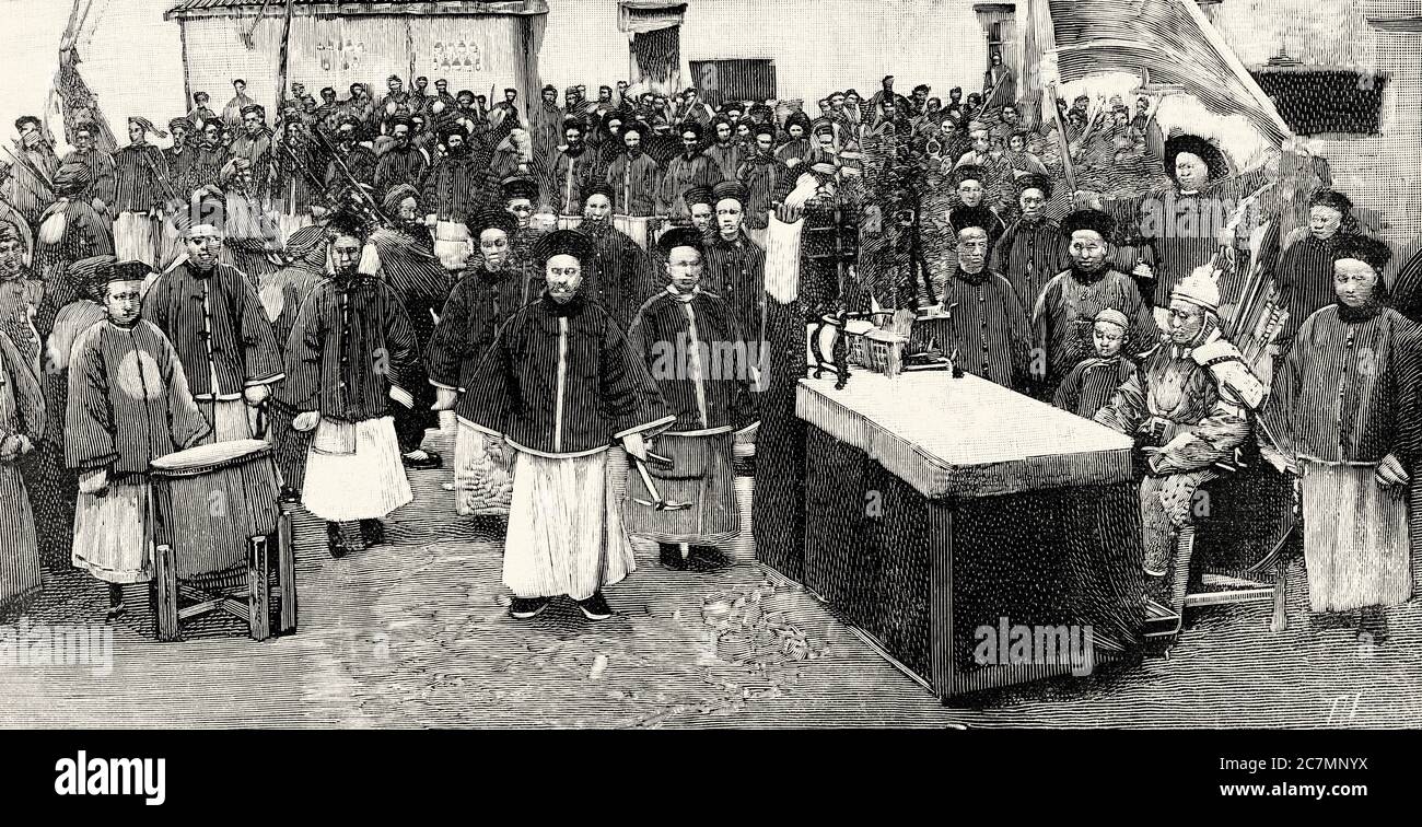 Recrutement de soldats pour la première guerre sino-japonaise à Beijing, en Chine. De la Ilustracion Española y Americana 1895 Banque D'Images
