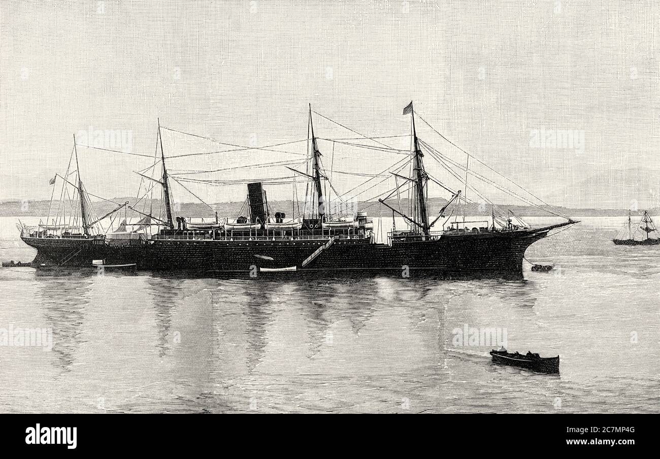 Le Reina Cristina était un bateau de croisière espagnol. Marine espagnole de 1890 à 1 mai 1898 la date a coulé dans la bataille de Cavite. Elle a reçu son nom en l'honneur de la reine María Cristina de Habsburgo-Lorena. De la Ilustracion Española y Americana 1895 Banque D'Images