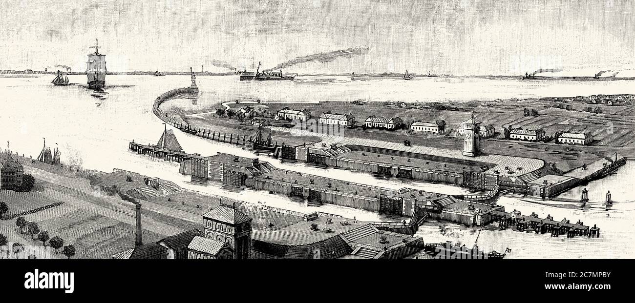 Embouchure du canal de kiel à Brunsbuttel en mer du Nord près de Hambourg 1895. De la Ilustracion Española y Americana 1895 Banque D'Images