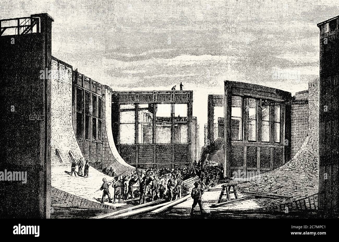 Construction de la porte de la sluice à Holtenau en 1895, canal de Kiel, Kiel, Schleswig-Holstein, Allemagne, Europe. De la Ilustracion Española y Americana 1895 Banque D'Images