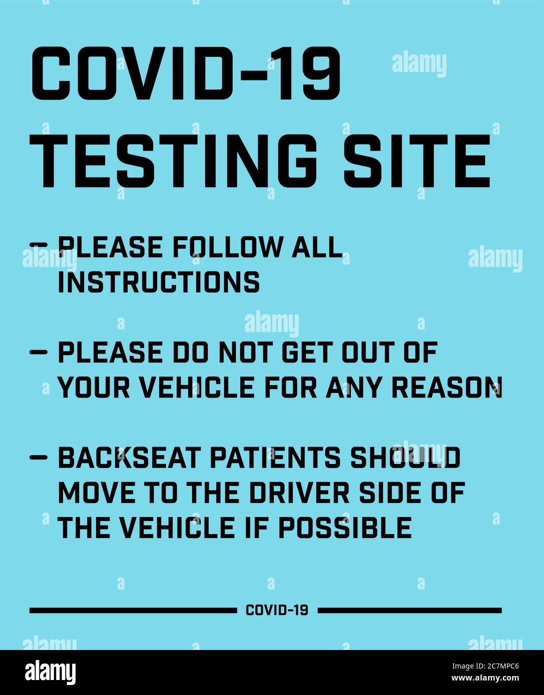 Bannière d'attention pour les sites d'essais de coronavirus COVID-19 et Drive-thrus. Illustration de Vecteur