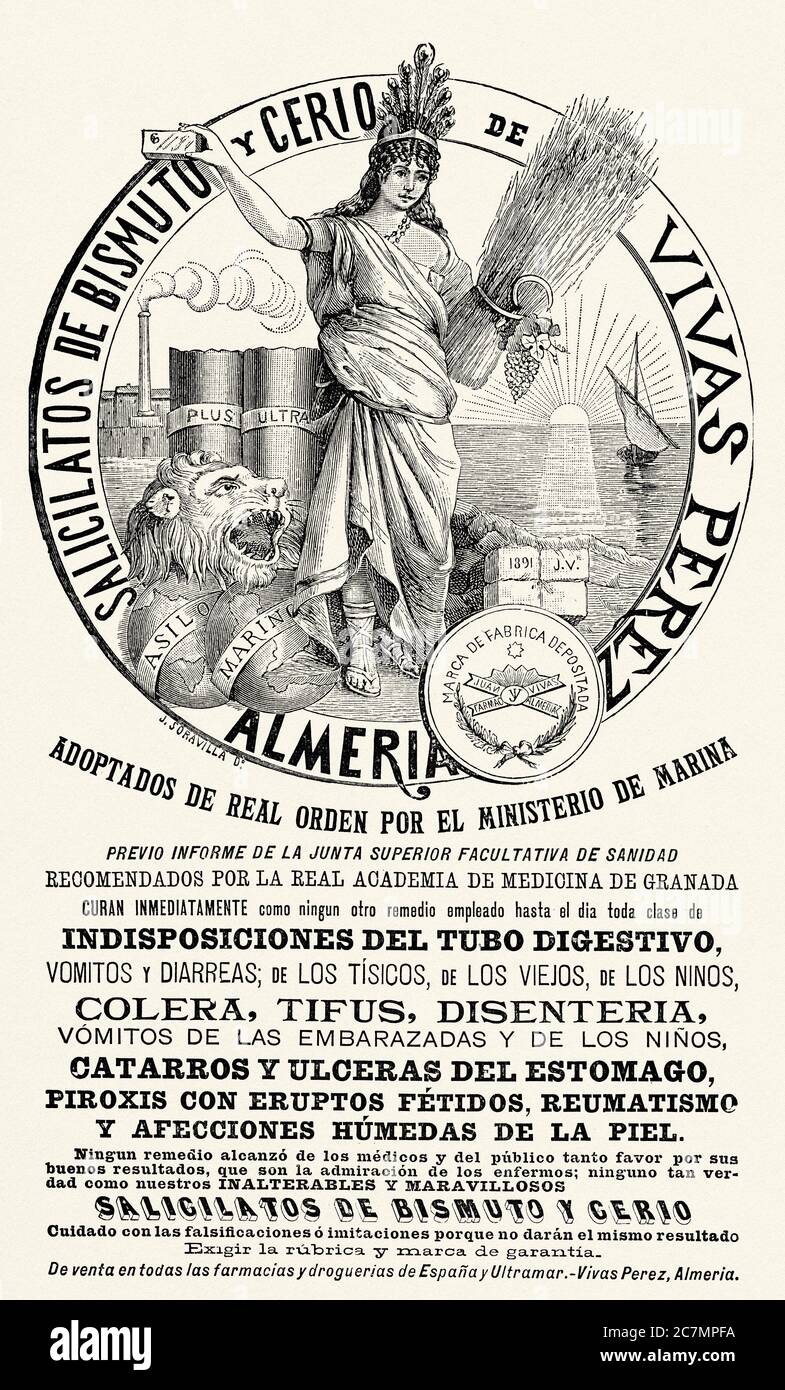 Publicité du XIXe siècle d'un médicament bismuth silicate et cérium. De la Ilustracion Española y Americana 1895 Banque D'Images