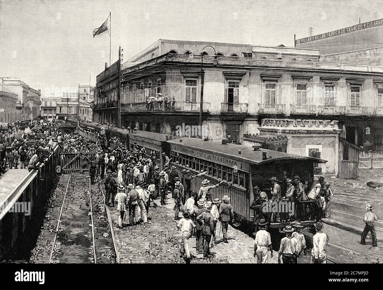 Départ de troupes de la gare de Villanueva de l'armée espagnole à la Havane, île de Cuba. De la Ilustracion Española y Americana 1895 Banque D'Images