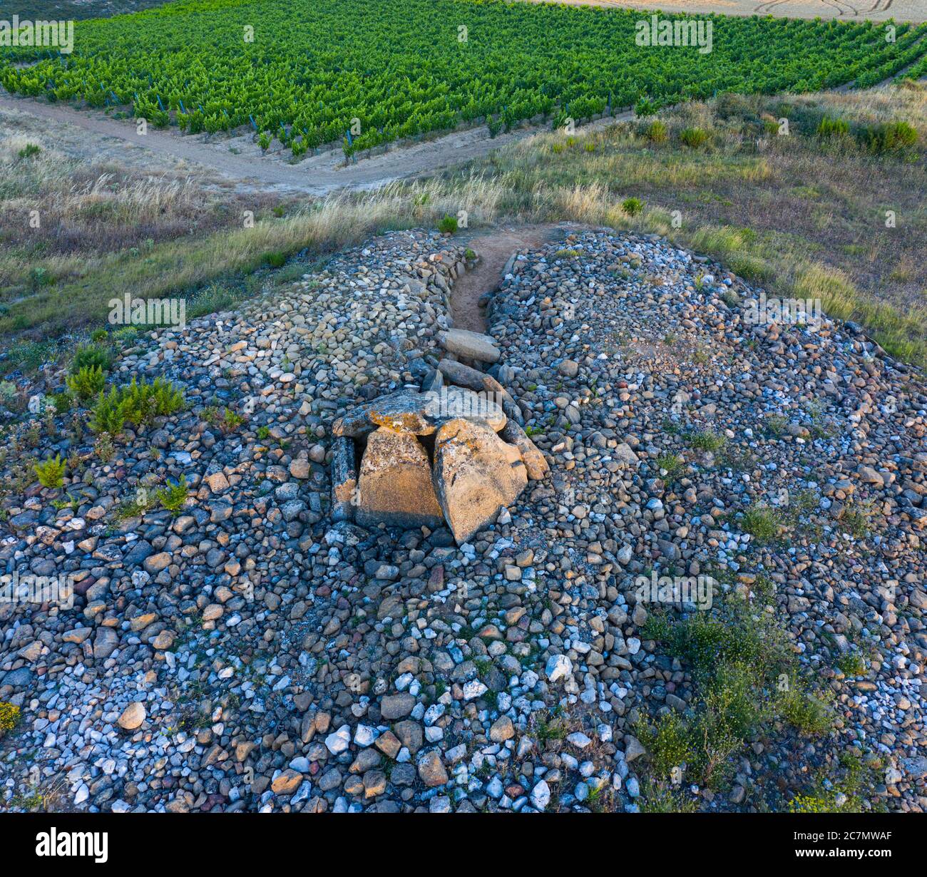 Vue d'un drone du Dolmen dans l'Alto de la huesera à Laguardia dans la Rioja Alavesa avec la Sierra de Cantabria en arrière-plan. Alava, Bas Banque D'Images