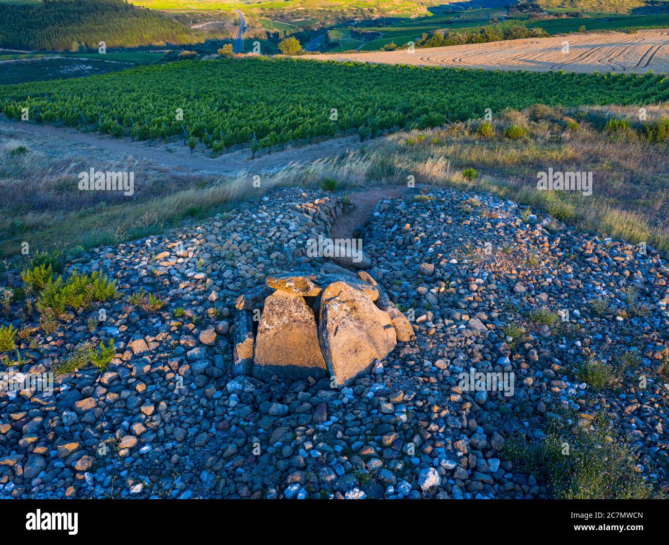 Vue d'un drone du Dolmen dans l'Alto de la huesera à Laguardia dans la Rioja Alavesa avec la Sierra de Cantabria en arrière-plan. Alava, Bas Banque D'Images