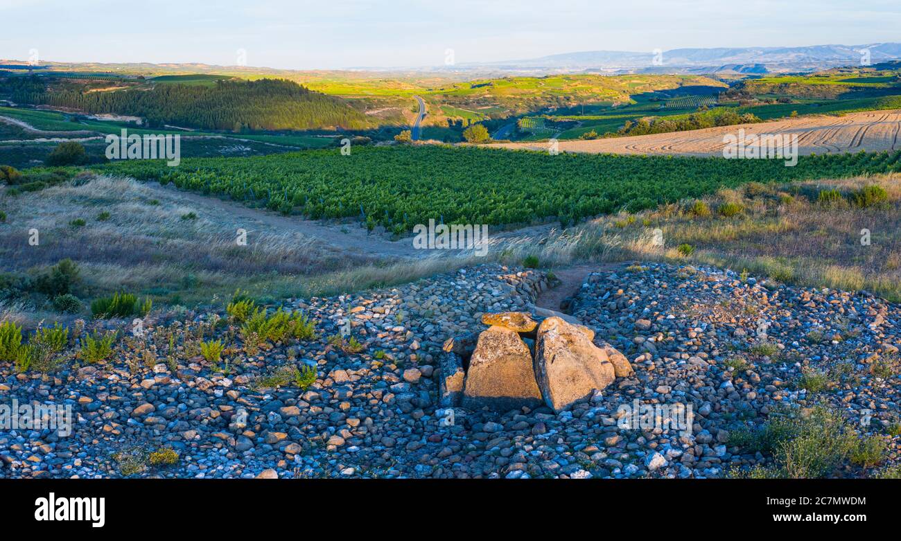 Vue d'un drone du Dolmen dans l'Alto de la huesera à Laguardia dans la Rioja Alavesa avec la Sierra de Cantabria en arrière-plan. Alava, Bas Banque D'Images